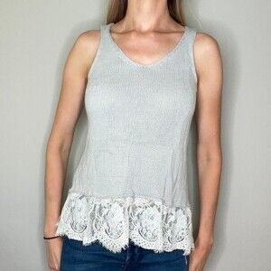 Cloud Chaser Sweater Lace V Neck Sleeveless Tank Top Grey Gray White S SM Small